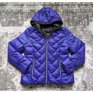 GUESS Women's Quilted Hooded Down Feather Puffer Jacket FULL ZIP, Blue - Large